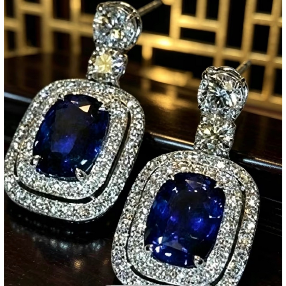 Unbranded Blue Sapphire and Diamond Halo Drop Earrings - Picture 4 of 5
